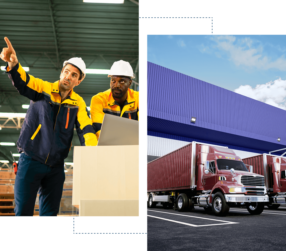 Workers discussing logistics near shipping trucks.