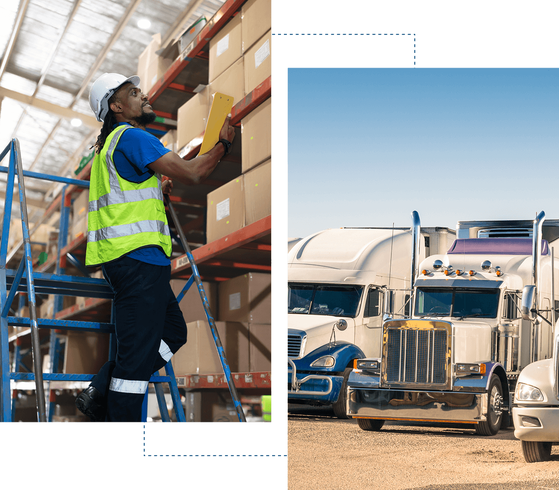 Worker in warehouse, trucks parked outside.