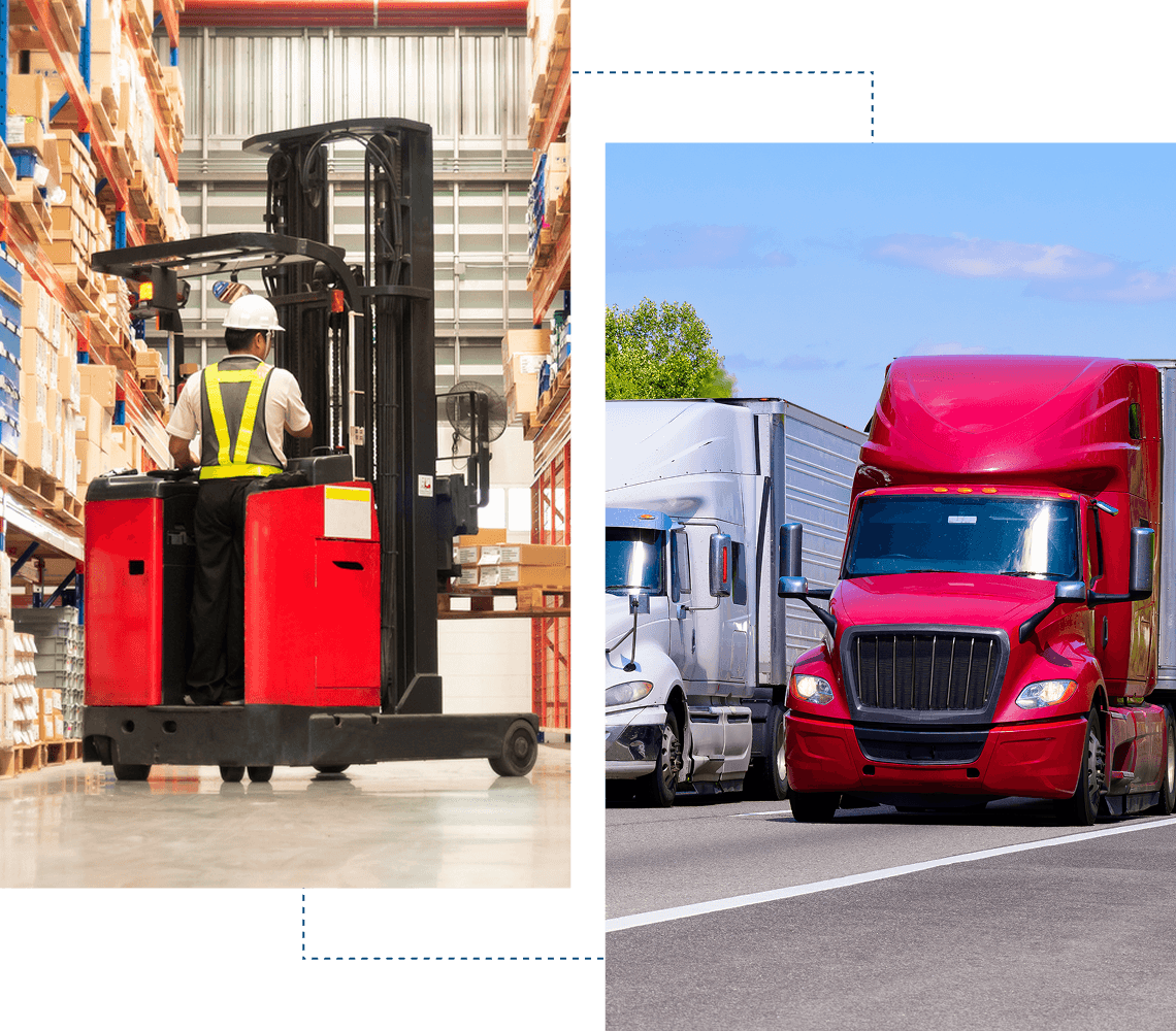 Warehouse forklift and red semi-truck.