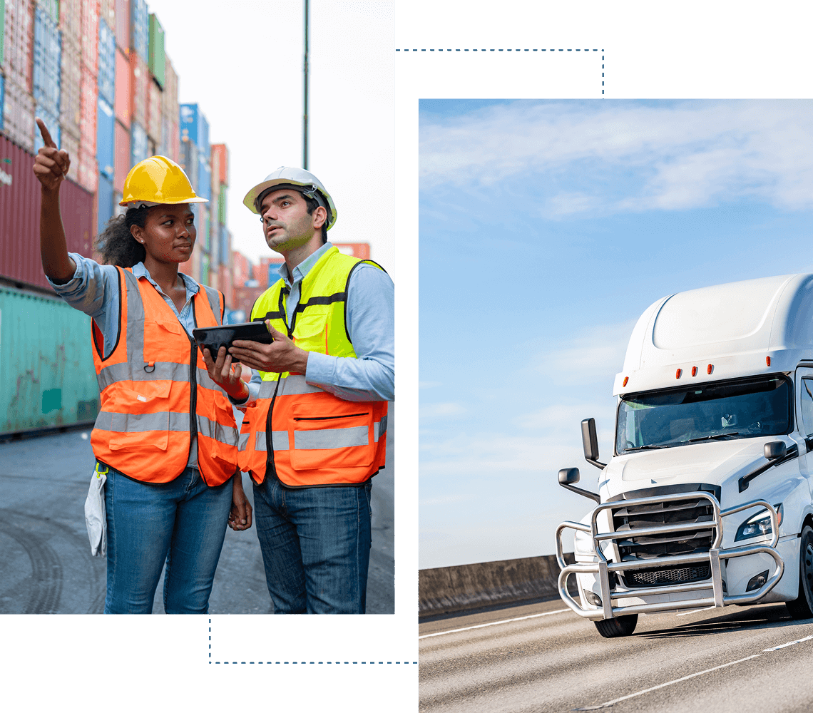 Workers discussing logistics near shipping containers.