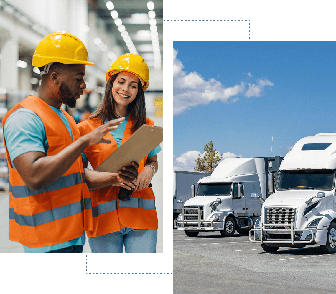 Workers discussing logistics near parked trucks.