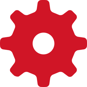 Red gear icon on black background.