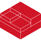 Red geometric shape on black background.